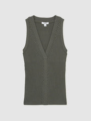 Women Craft-Stitch Rib-Knit Vest in Khaki Green