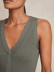 Women Craft-Stitch Rib-Knit Vest in Khaki Green