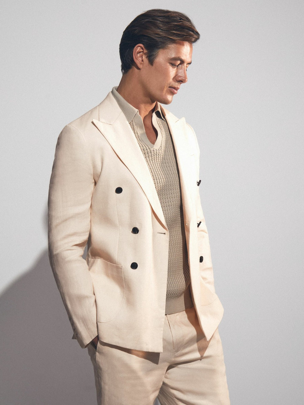 Men Linen Double-Breasted Suit Slim-Fit Blazer in Stone