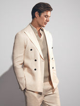 Men Linen Double-Breasted Suit Slim-Fit Blazer in Stone