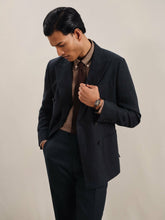 Men Linen Double-Breasted Suit Slim-Fit Blazer in Navy