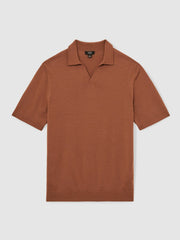 Men Merino Wool Open Collar Polo Shirt in Cinnamon Brown