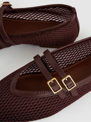Women Mesh Double-Strap Ballet Flats in Oxblood