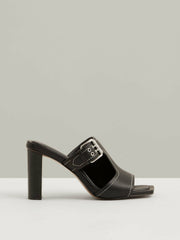 Women Leather Buckle Block-Heel Sandals in Black
