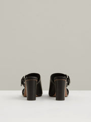 Women Leather Buckle Block-Heel Sandals in Black