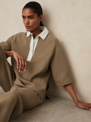 Women Cotton-Blend Interlock Collar Sweatshirt in Camel