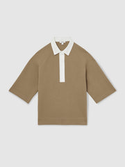 Women Cotton-Blend Interlock Collar Sweatshirt in Camel