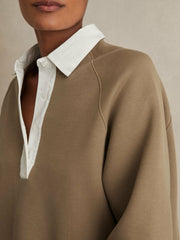 Women Cotton-Blend Interlock Collar Sweatshirt in Camel