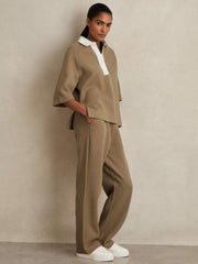 Women Cotton-Blend Interlock Collar Sweatshirt in Camel