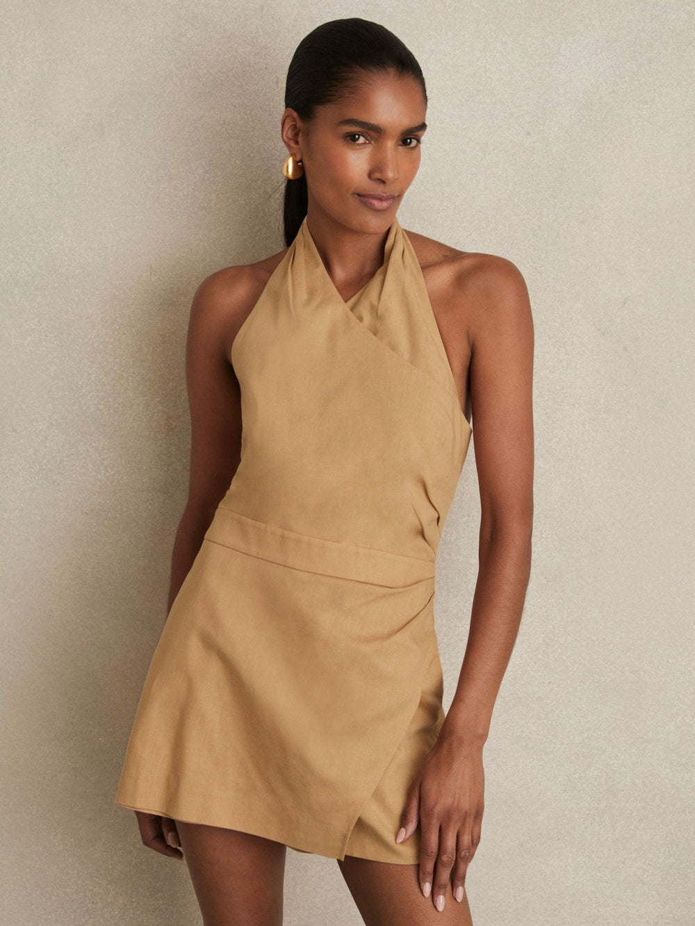 Women Lyocell Cotton Halter Skort Playsuit in Camel