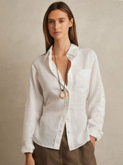 Women Linen Tie-Back Shirt in White