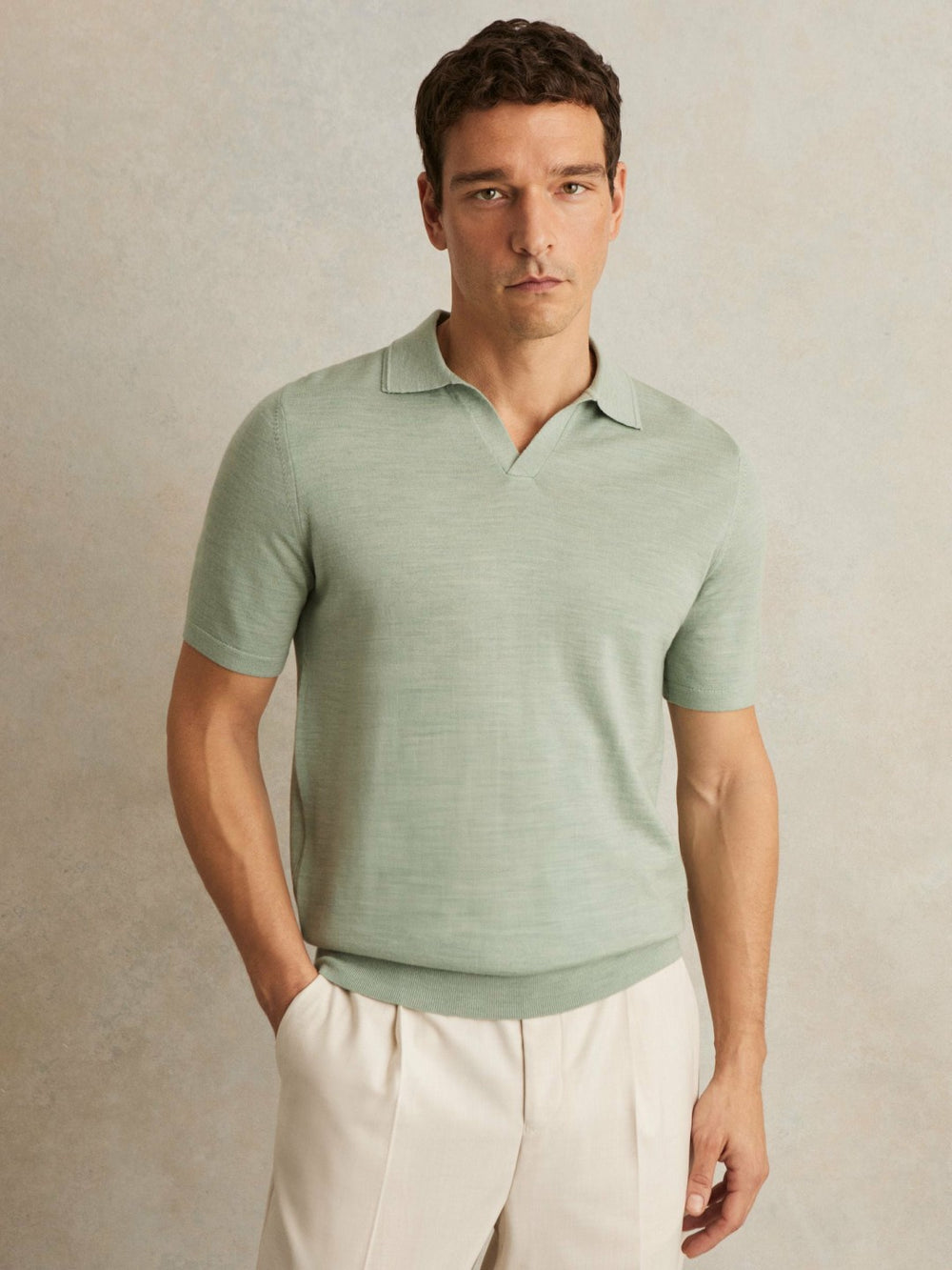 Men Merino Wool Open Collar Polo Shirt in Sage Green Melange