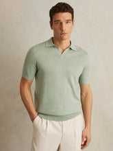 Men Merino Wool Open Collar Polo Shirt in Sage Green Melange