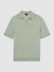 Men Merino Wool Open Collar Polo Shirt in Sage Green Melange