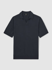 Men Merino Wool Open Collar Polo Shirt in Midnight Navy