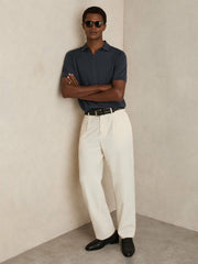 Men Merino Wool Open Collar Polo Shirt in Midnight Navy