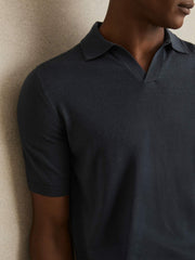Men Merino Wool Open Collar Polo Shirt in Midnight Navy