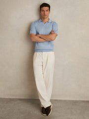 Men Merino Wool Open Collar Polo Shirt in Soft Blue