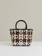 Women Small Leather Woven Tote Bag in Tan/White/Black
