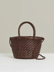 Women Leather Woven Mini Tote Bag in Chocolate