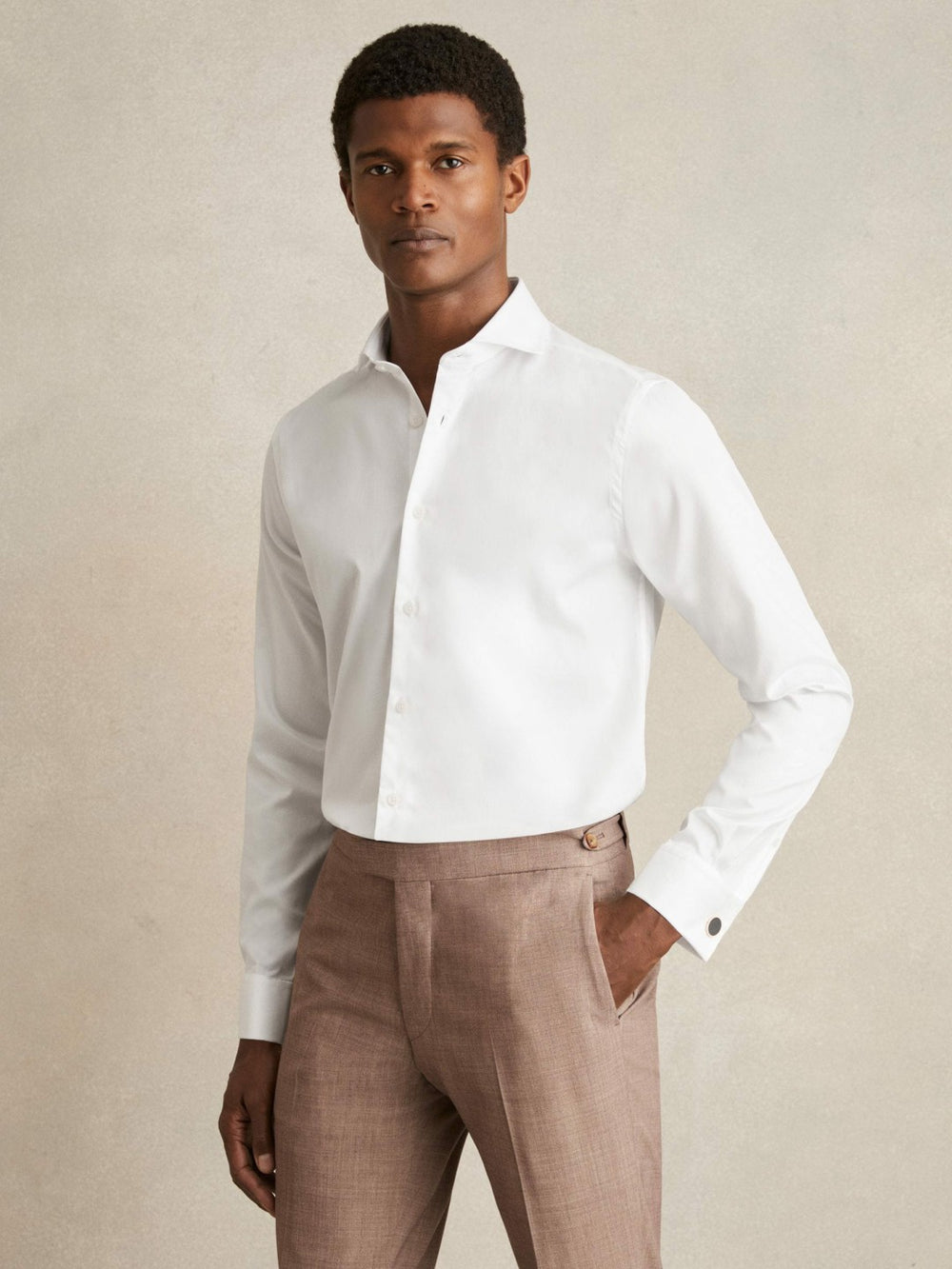 Men Double-Cuff Two-Fold Cotton Shirt in White