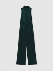 Women Satin Cape-Sash Jumpsuit in Teal Green