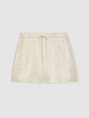 Women Laser Cut Drawstring Shorts in White