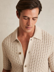 Men Basketweave Knit Button Through Cotton Blend Shirt in Stone