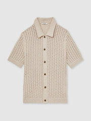 Men Basketweave Knit Button Through Cotton Blend Shirt in Stone
