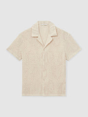 Men Cotton-Blend Embroidered Crochet Shirt in Oatmeal