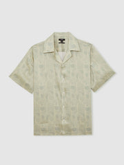 Men Wave Print Cuban Collar Shirt in Sage Green