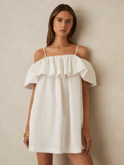Women Cotton Off Shoulder Mini Dress in Ivory Cream