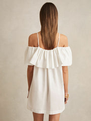 Women Cotton Off Shoulder Mini Dress in Ivory Cream