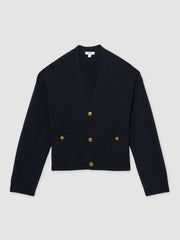 Women Wool-Cashmere Button Cardigan in Navy