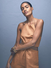 Women Linen Halterneck Cut Out Playsuit in Brown
