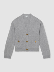 Women Wool-Cashmere Button Cardigan in Silver Grey