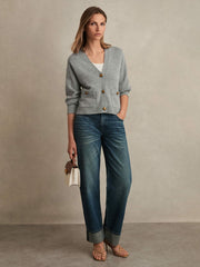 Women Wool-Cashmere Button Cardigan in Silver Grey