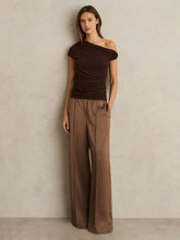 Women Satin Wide Leg Elastic Waist Trousers in Taupe Neutral