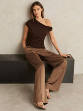 Women Petite Satin Wide Leg Elastic Waist Trousers in Taupe Neutral