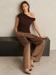 Women Petite Satin Wide Leg Elastic Waist Trousers in Taupe Neutral