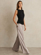 Women Petite Satin Wide Leg Elastic Waist Trousers in Grey
