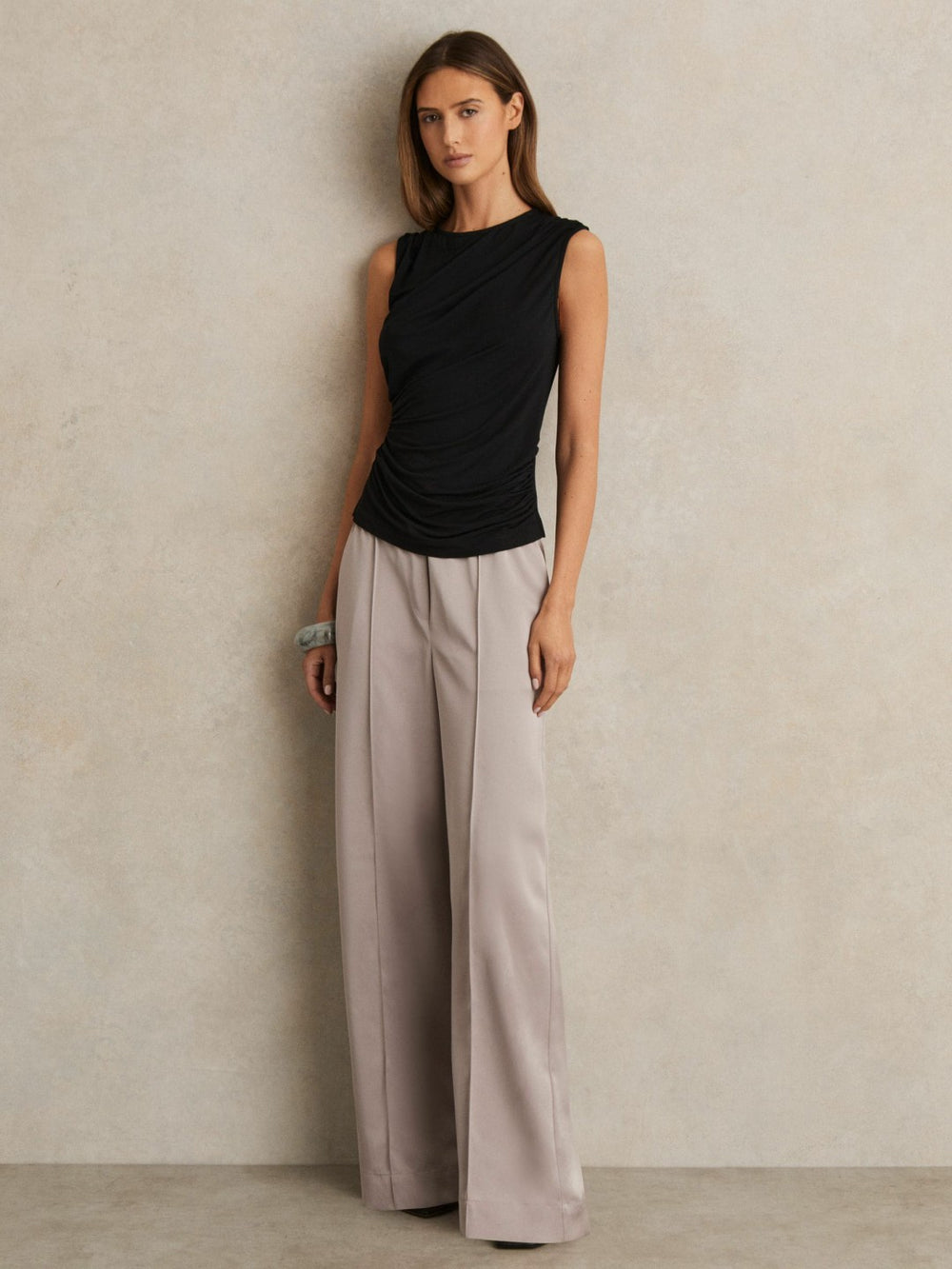 Women Satin Wide Leg Elastic Waist Trousers in Grey