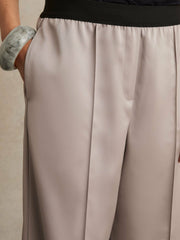 Women Satin Wide Leg Elastic Waist Trousers in Grey