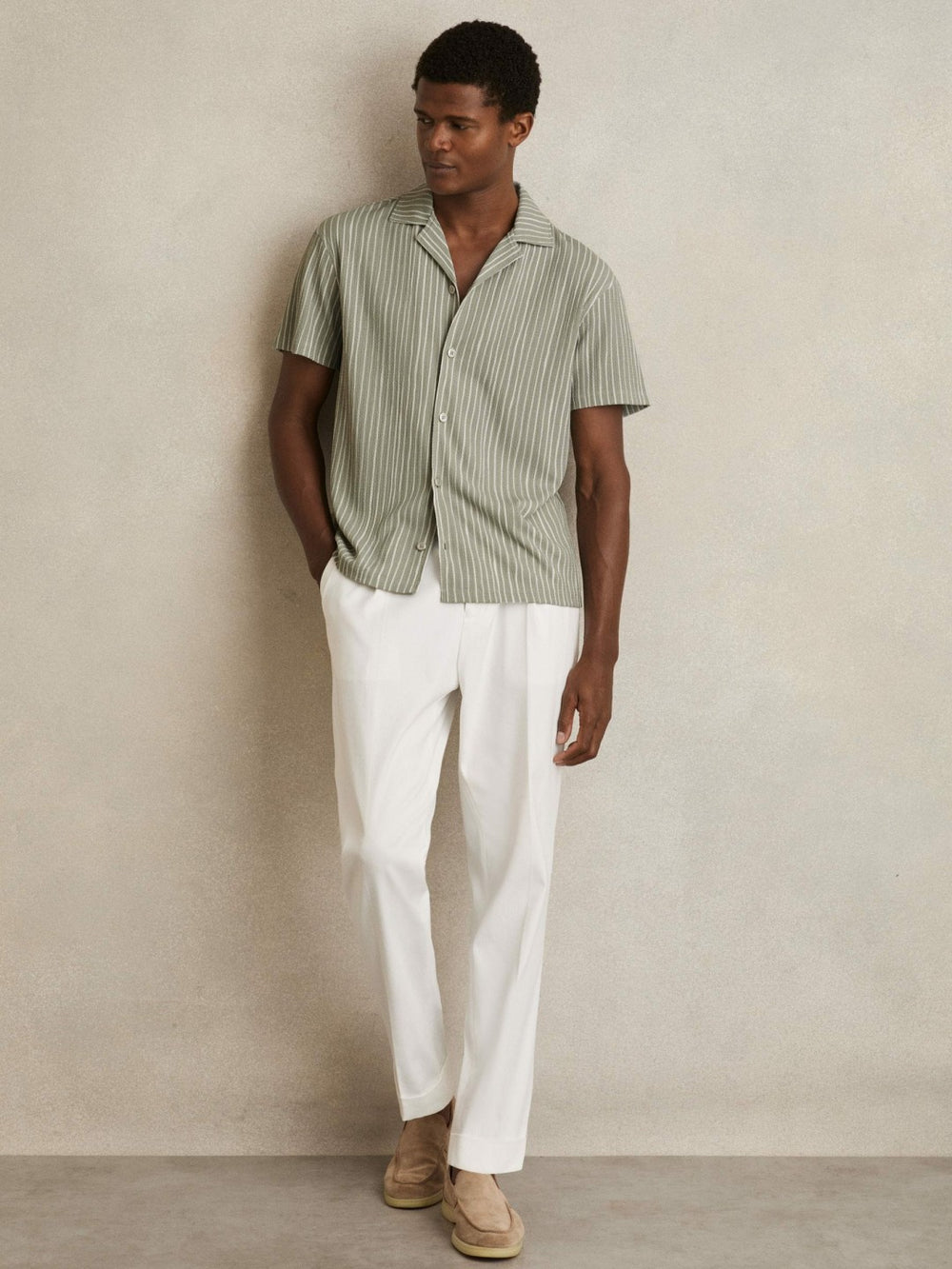 Men Textured Stripe Cuban Collar Shirt in Sage/White