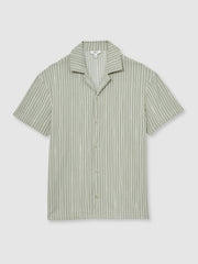 Men Textured Stripe Cuban Collar Shirt in Sage/White