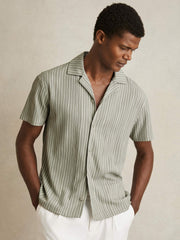 Men Textured Stripe Cuban Collar Shirt in Sage/White
