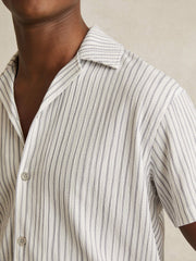 Men Textured Stripe Cuban Collar Shirt in White/Soft Blue