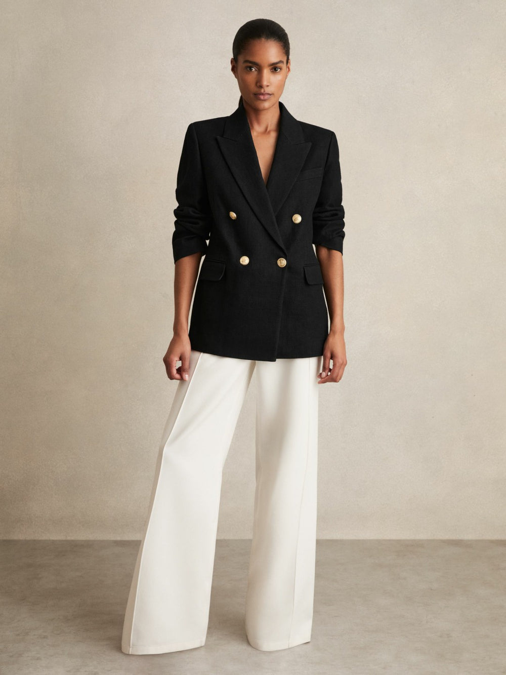 Women Oversized Double-Breasted Blazer Linen-Blend in Black