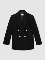 Women Oversized Double-Breasted Blazer Linen-Blend in Black