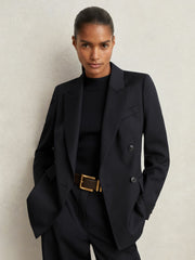 Women Wool Blend Double Breasted Suit Blazer in Navy